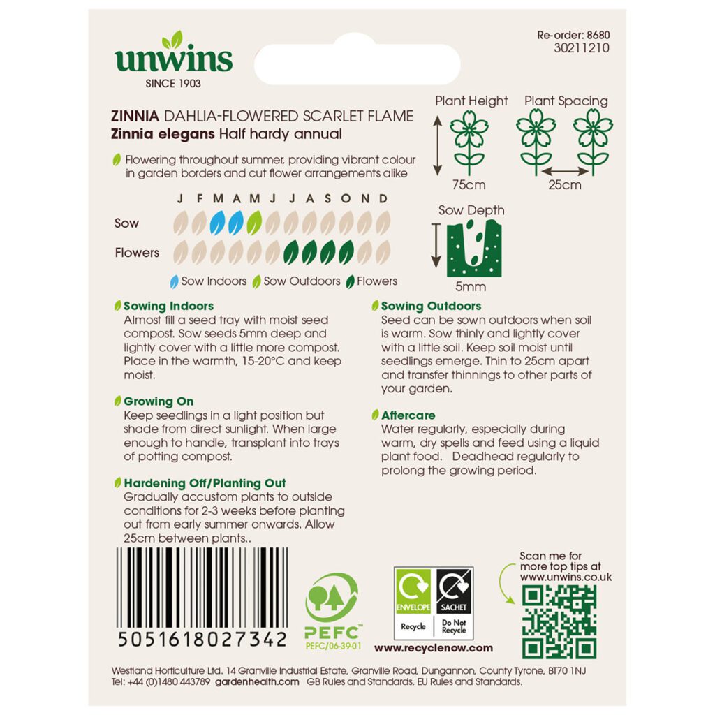 Unwins Zinnia Dahlia Flowered Scarlet Flame Seeds 5051618027342 2